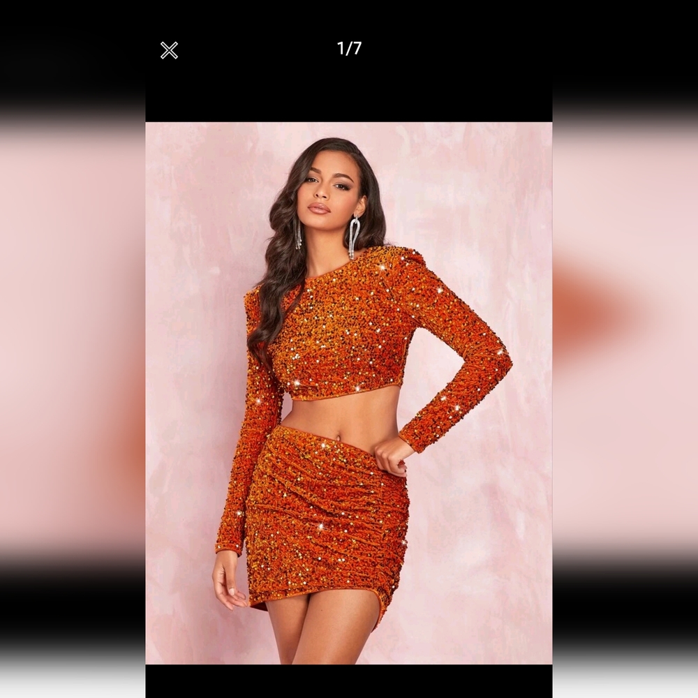 SHEIN BAE Shoulder Pad Sequin Crop Top & Ruched Bodycon Skirt Set